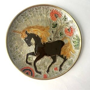 Unicorn Enamel Painted Solid Brass Enesco Plate - Vintage
